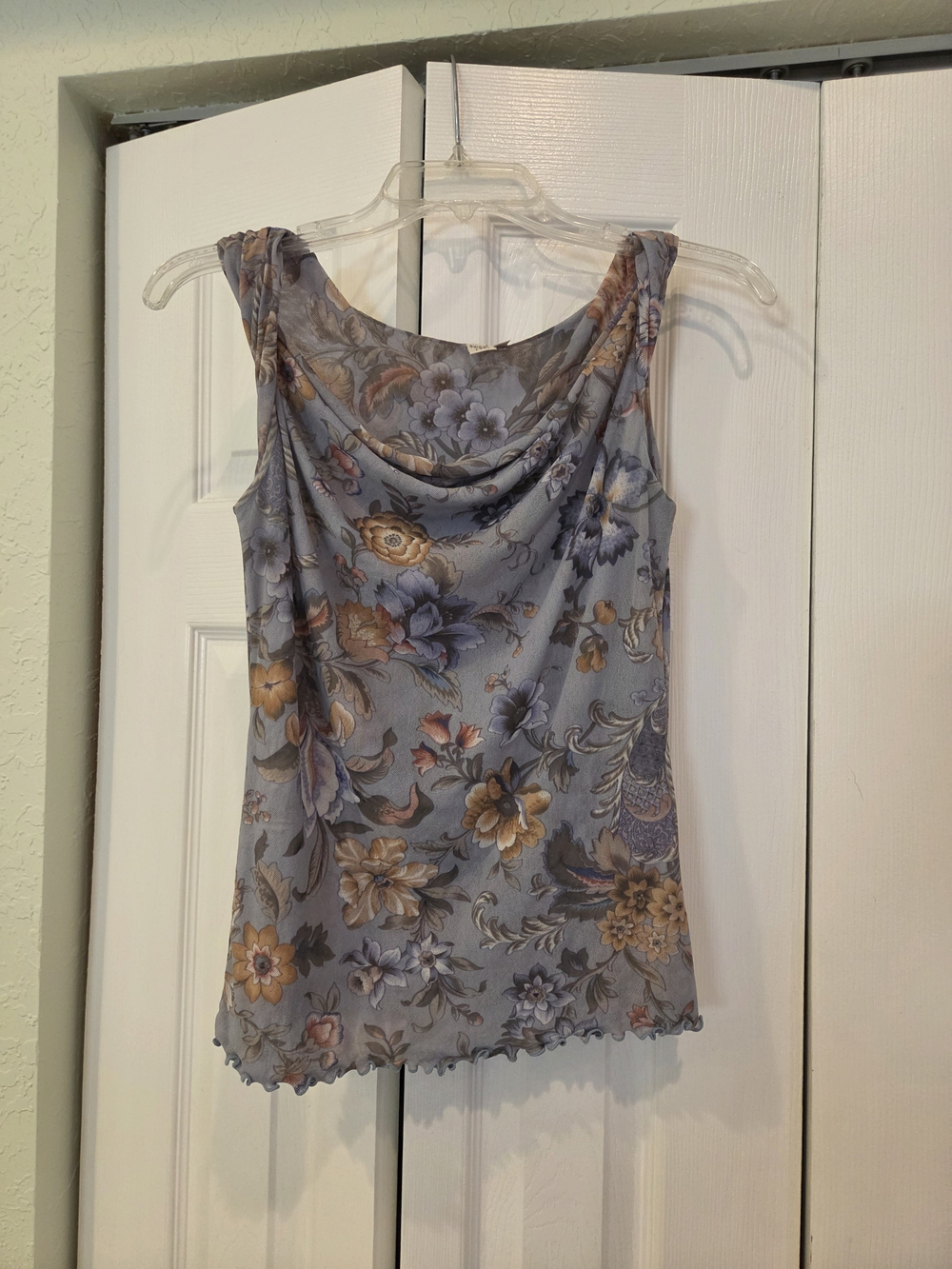 Vintage y2k Sweet Pea Floral Cowl Neck Sleeveless Mesh Top - Blue Size Medium